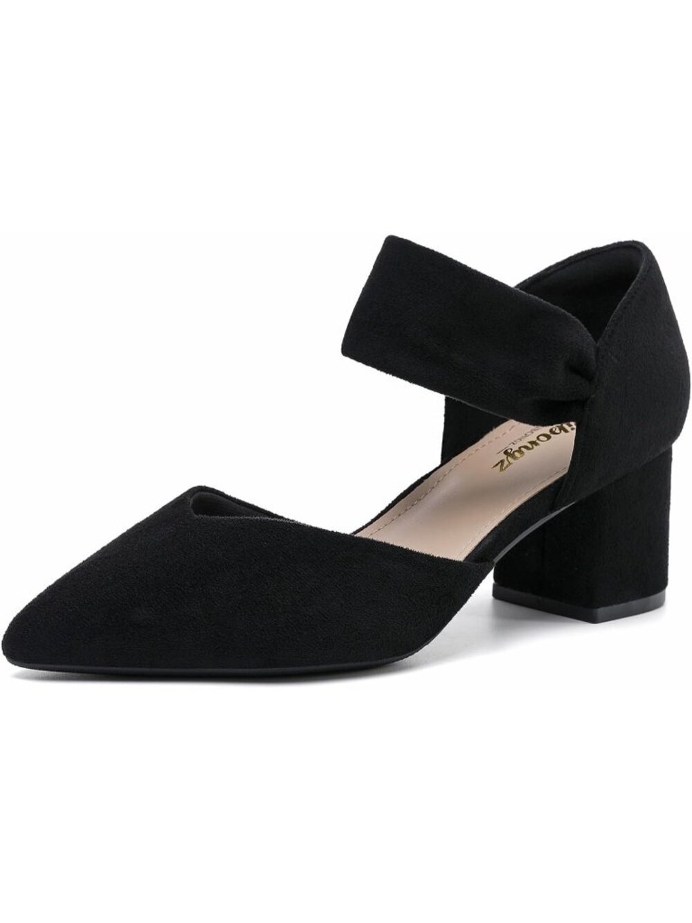 Women's Black Chunky Kitten Low Heel Pointed Toe Closed Comfortable Slip Shoes